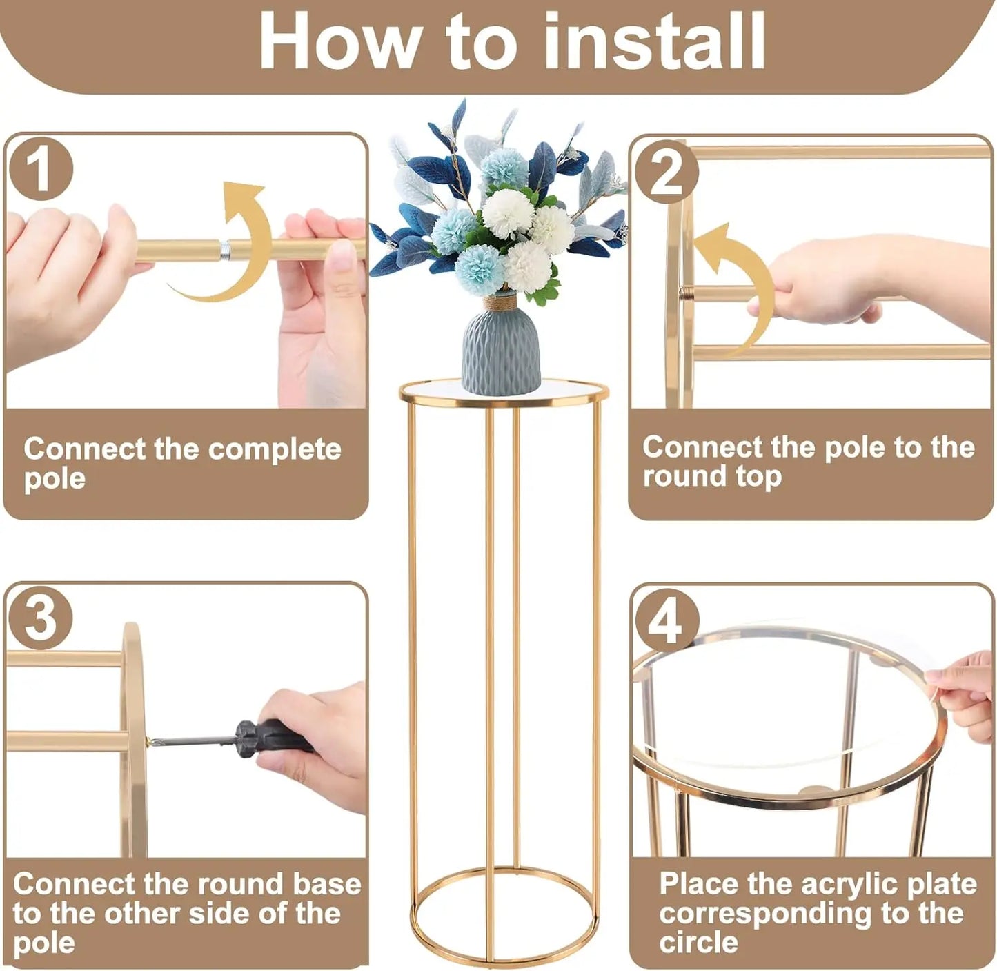 3pcs Cylinder Plant Stand Large Metal Gold Cylindrical Plant Stand Display Pillars for Party Flowers Birthday Wedding Decor Supp