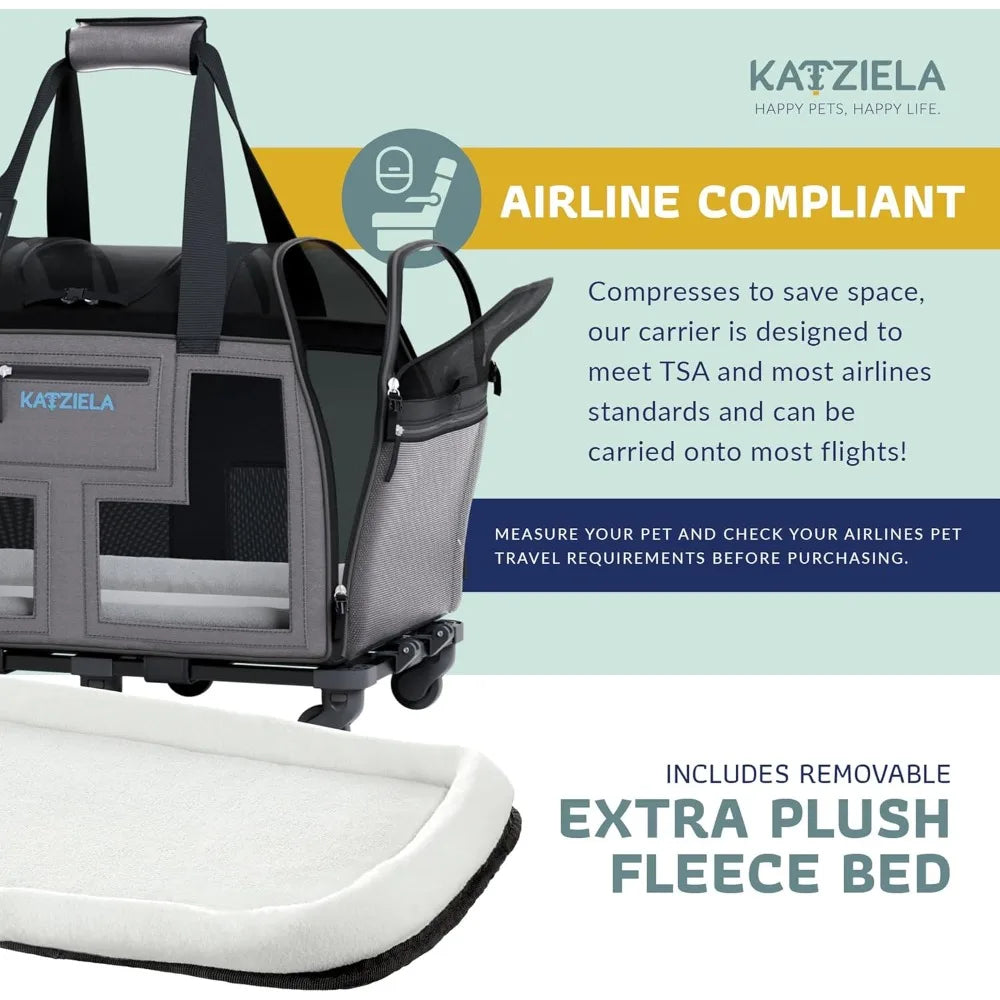 Airline Approved Pet Carrier - Rolling Portable Travel Carry Crate for Small Dog, Puppy or Cat - Soft Removable Wheeled