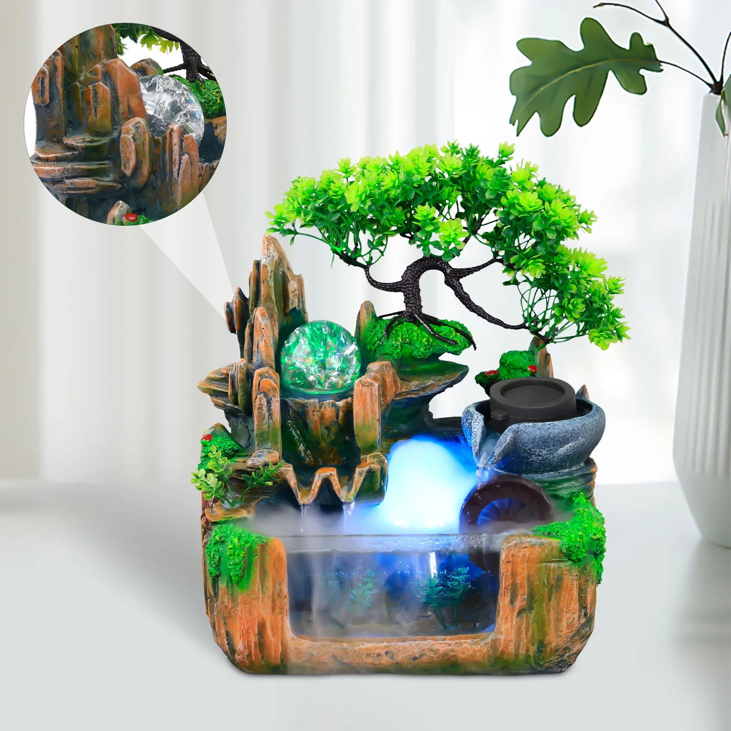 Small Rockery Water Fountain with LED Light & Mist Effect, Elegant Indoor Tabletop Decor for Home, Office, Living Room, Bedroom