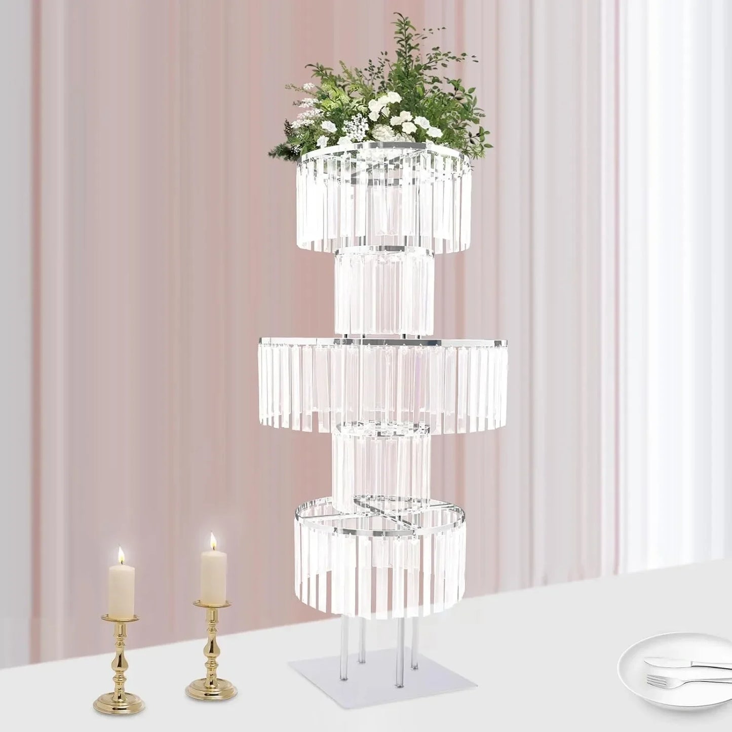 5 Tiers Crystal Flower Stands, 43.3 In Round Chandelier Pedestal,Wedding Table Centerpieces for Birthday Party Decoration