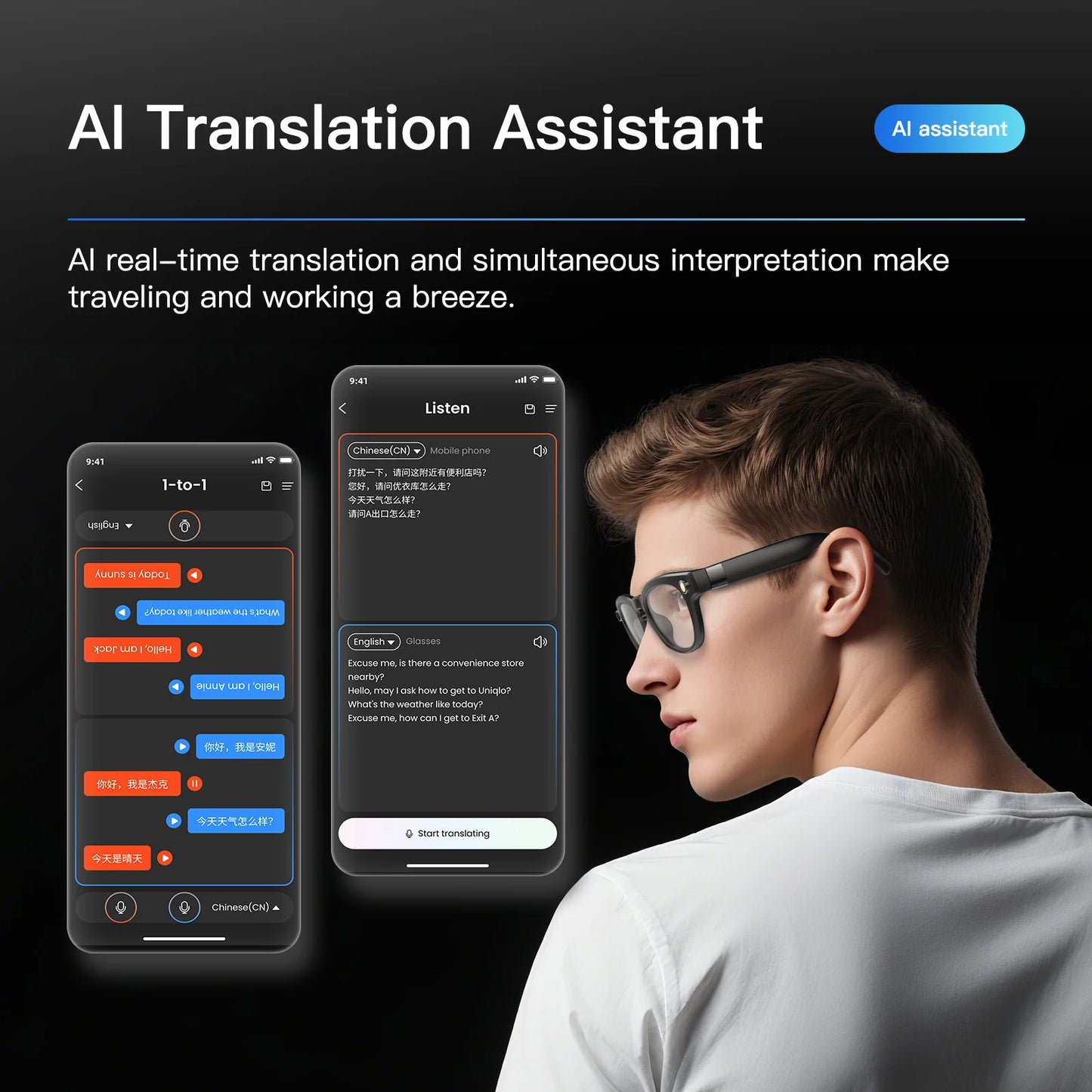 EIGIIS AI Smart Glasses Bluetooth Call With AI Voice Translate Intelligent shooting function Noise Reduction Waterproof Glasses