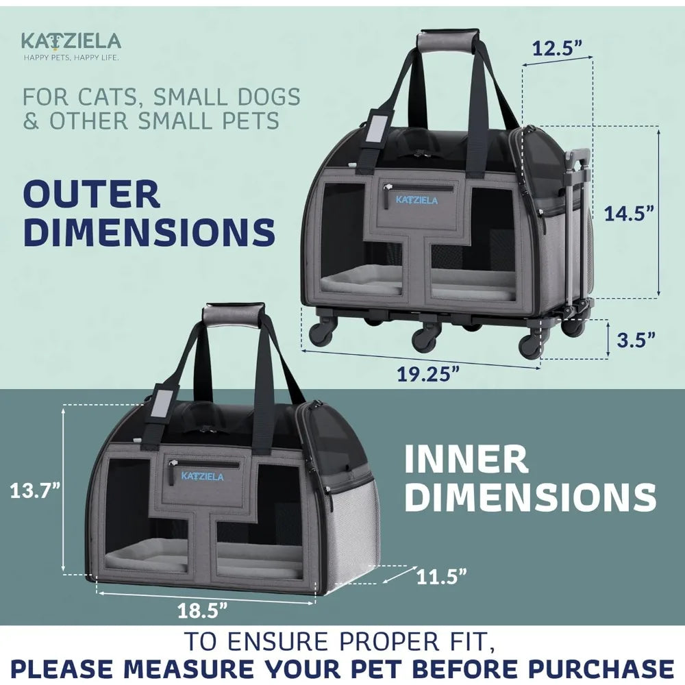 Airline Approved Pet Carrier - Rolling Portable Travel Carry Crate for Small Dog, Puppy or Cat - Soft Removable Wheeled